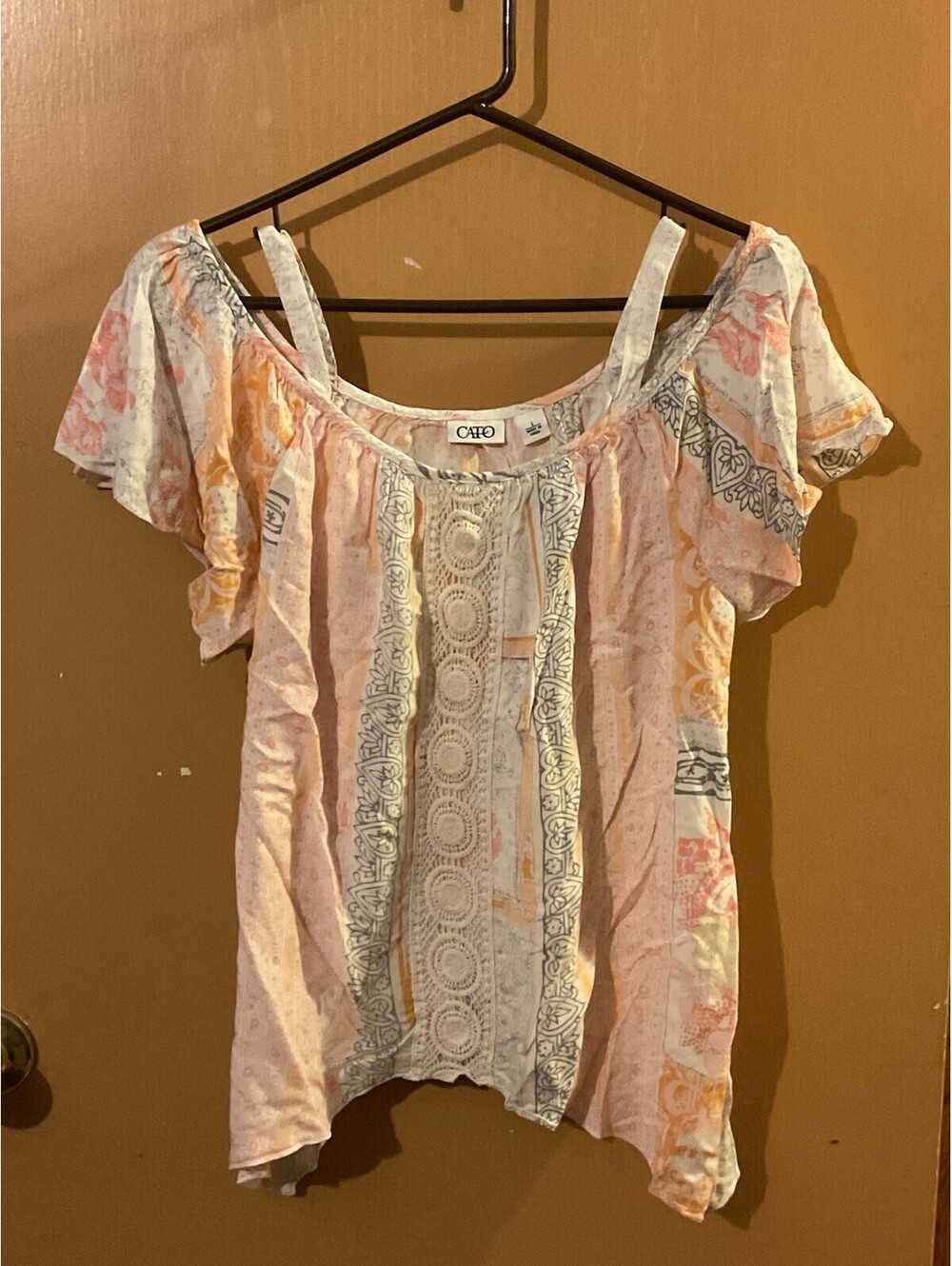 Youth Large Cato Boho Lace Pink Orange Pastel Patchwork Top Excellent